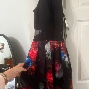 XSCAPE  Black & Floral Dress with Mesh Inserts at Waist